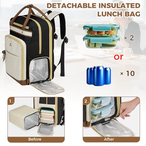 MATEIN Work Backpack with Lunch Compartment Detachable, 15.6 Inch Laptop Backpack with Organized Pocket, College Computer Backpacks Meal Prep Bag Gift for Teachers Nurse Adult Commute Office - color: Black Beige Brown