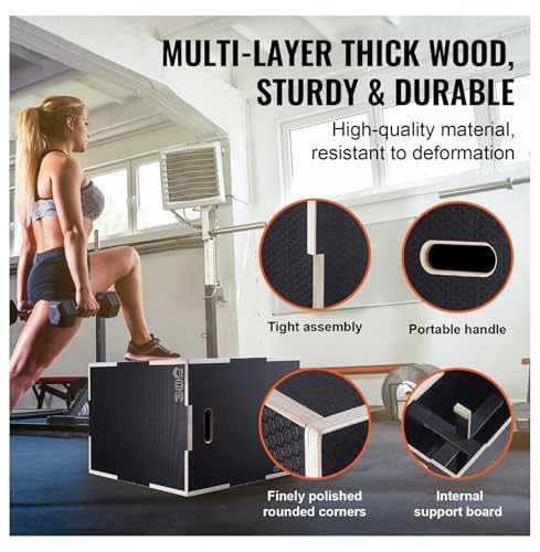 Plyometric Jump Box 3 in 1-30/24/20 Inch Wooden Plyo Box for Fitness, Agility Training, Step Ups - Home Gym Equipment - Black