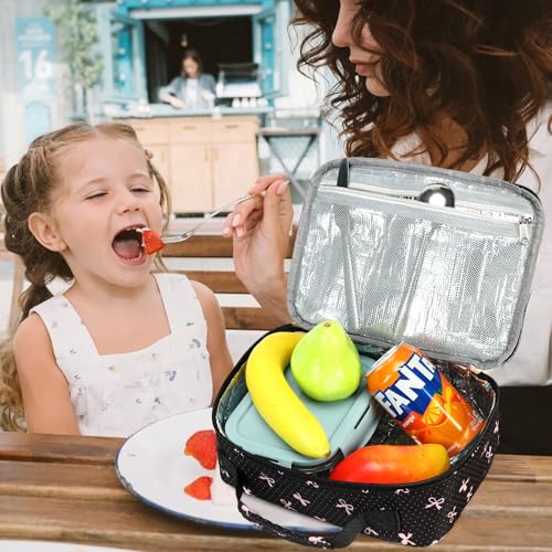 LEDAOU Lunch Box Kids Insulated Lunch Bag Girls Toddler Reusable Lunchbox for School Picnic Hiking (Black-Pink Bow) - color: Black bow tie