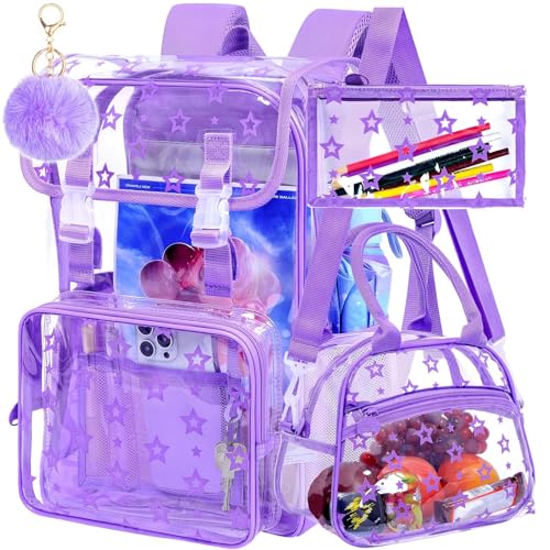 17" Clear Backpack for School, Girls Kids Transparent Bookbag Set, 3Pcs Stadium Approved See Through Backpack with Lunch Box (Purple) - color: Star Purple
