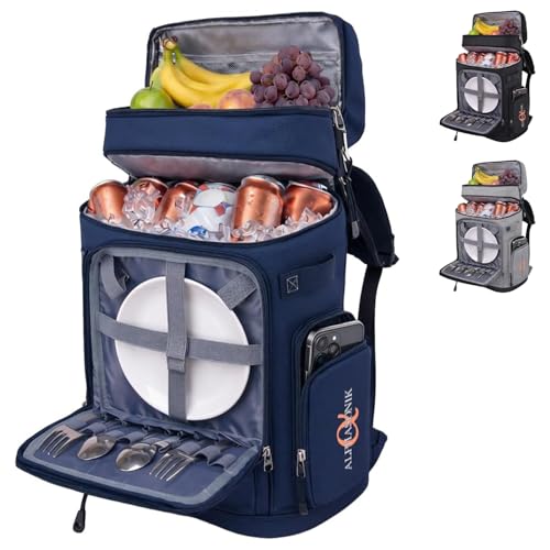 Alphasonik Cooler Backpack 40 Cans Insulated Backpack Cooler for Men & Women, 2 Leak Proof Compartments Coolers Bag for Beach Travel Picnic Hiking BBQ Fishing Outdoor Camping - color: Navy