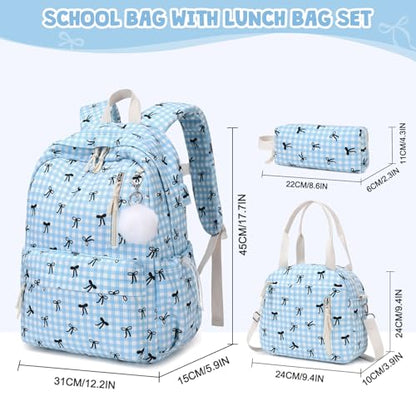 3PCS Corduroy Girls Backpack w/ Lunch Box & Pencil Bag (Blue Checkered Bow) - color: Blue Checkered Bow