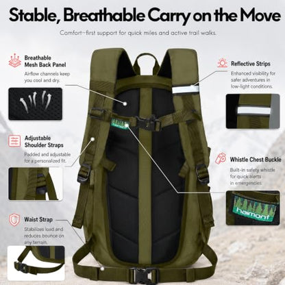 Haimont 15L Lightweight Hiking Daypack, Green | 1.19 lb Carry, Hydration Sleeve, Trekking Pole Loops, Breathable Back Panel, Whistle - color: Green
