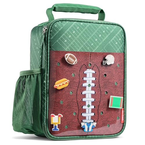 Fit & Fresh Customizable Charm Lunch Bag for Boys & Girls, Football Kids Lunch Box with 6 Sports Charms, Premium Insulated Reusable Lunch Tote for School - color: Green Football