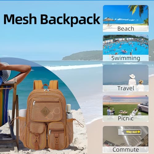 Khaki Mesh Backpack for Girls Boys, Mesh Bookbags Heavy Duty Semi-Transparent School Bag for College, Travel, Beach, Swimming, Sports - color: Khaki