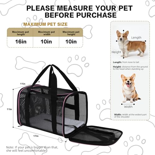 Cat Carrier Soft-Sided Dog Pet Carrier Pets Travel Carriers for Big Cats Small Dogs Mesh Puppy Carry Bag,TSA Airline Up to 16 Lbs (Pink, 17 * 11 * 11) - color: pink, size: 17*11*11