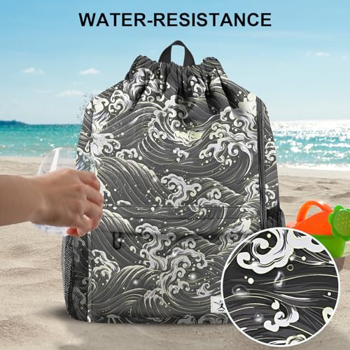 Drawstring Backpack with Mesh Pockets String Gym Bag Sackpack Sandproof Water Resistant Beach Backpack for Men Women - color: Black Waves