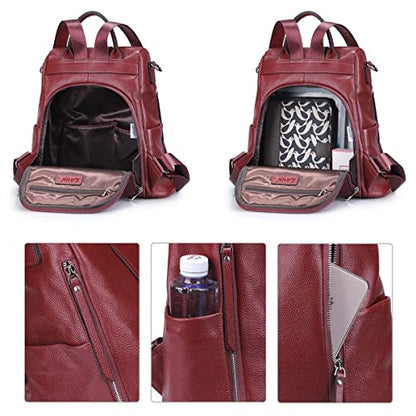 S-ZONE Leather Backpack Purses for Women Antitheft Rucksack Shoulder Bag Medium - color: Wine Red
