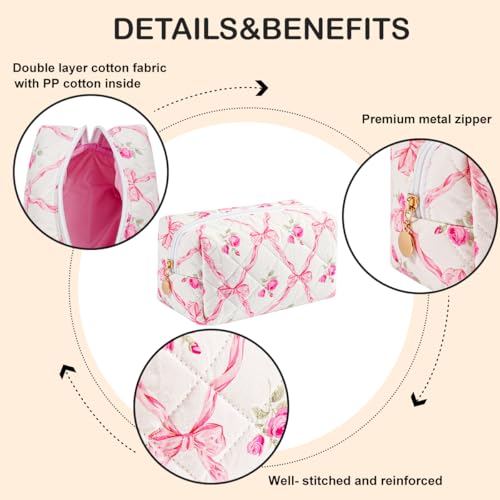 Cute Floral Makeup Bag Small Cotton Quilted Cosmetic Bag, Aesthetic Essential Bag Emergency Bag Gift for Women Girls Travel Accessories (Pink Bowknot Rose) - color: A6 Pink Bowknot Rose