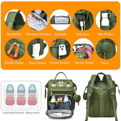 Astro alan Baby Diaper Bags with Changing Station, Waterproof Diaper Bag Backpack for Moms Dads with USB Charging Port, Baby Shower Gifts, Large Capacity diaper backpack, Green - color: Green