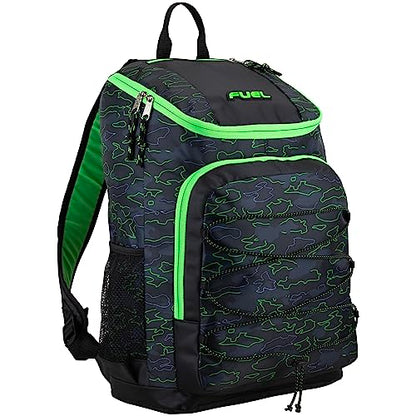 FUEL Wide Mouth Sports Luggage Backpack with Front Bungee and Inner Tech Pocket, Green Outline Camo - color: Green Outline Camo