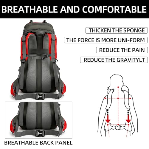 King'sGuard 60L waterproof lightweight hiking backpack with rain cover and shoe compartment outdoor sports travel backpack (Red) - color: Red