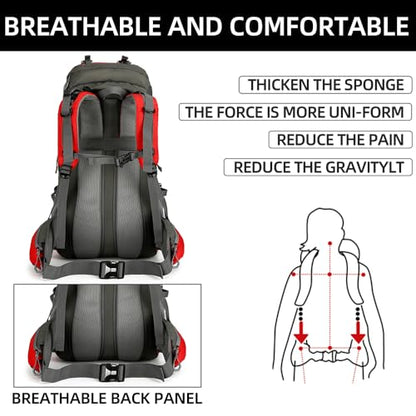 King'sGuard 60L waterproof lightweight hiking backpack with rain cover and shoe compartment outdoor sports travel backpack (Red) - color: Red
