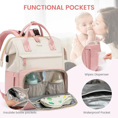 LOVEVOOK Diaper Bag Backpack, Baby Bag with Changing Station, Large Diaper Backpack for Moms Dads, Waterproof Leather Accents Baby Boy and Girl Bag for Travel Baby Essentials, Pink-Beige - color: Pink-beige