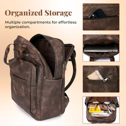 Rcrirth PU Leather Laptop Backpack for Women | 17 Inch Laptop Backpack for Work - Large Capacity Computer Bag Nurse Bag Casual Daypack (Coffee) - color: Coffee