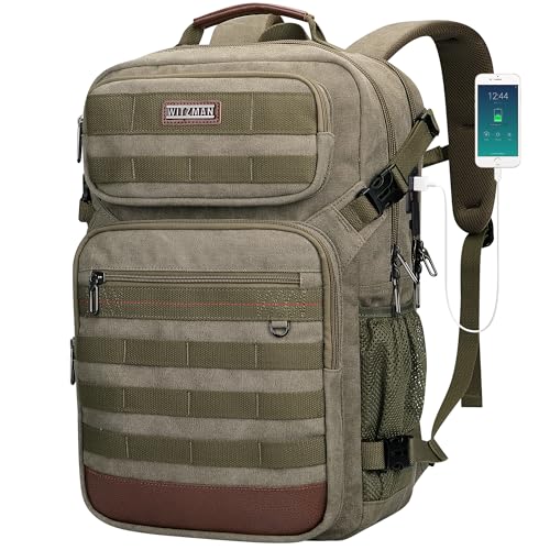 WITZMAN Canvas Travel Backpack for Men Multiple Pockets Fit 16 inch Laptop Backpack Carry-on Airline Approved(A8025 Army Green) - color: Army Green