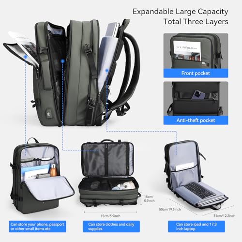 MARK RYDEN Travel Backpack for Men, 40L Airline Approved Carry on Backpack with USB Charging Port, 17.3 Inch Waterproof Business Laptop Backpack - color: Green