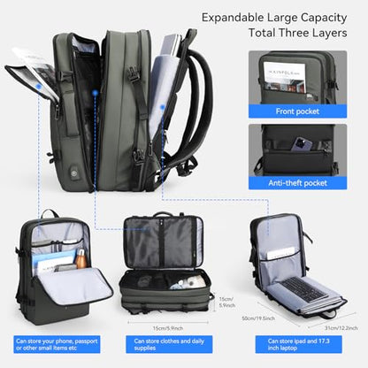 MARK RYDEN Travel Backpack for Men, 40L Airline Approved Carry on Backpack with USB Charging Port, 17.3 Inch Waterproof Business Laptop Backpack - color: Green