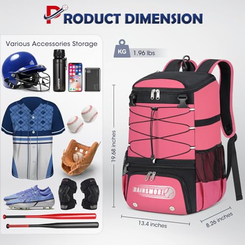RAINSMORE Baseball Bag for Youth & Adult Lightweight Softball Bat Bag with Shoe Compartment, External Helmet Holder and Fence Hook Waterproof Baseball Backpack Hold T-Ball, Bat and Softball Equipment - color: Pink