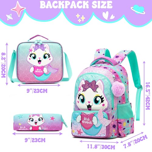 Meetbelify Kids School Backpacks for Girls Boys Backpack with Lunch Bag for Elmentary Students - color: 01 Mermaid Cat
