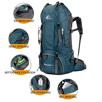 Bseash 60L Waterproof Hiking Camping Backpack with Rain Cover, Large Outdoor Sport Travel Daypack Rucksack for Climbing - color: Blue Green