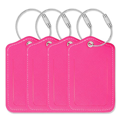 Luggage Tags for Suitcases-Leather Luggage Tag 4 Pack with Loops Cute Bag/Backpack/Suitcase Tags Travel Essentials for Flying (Pink) - color: Pink