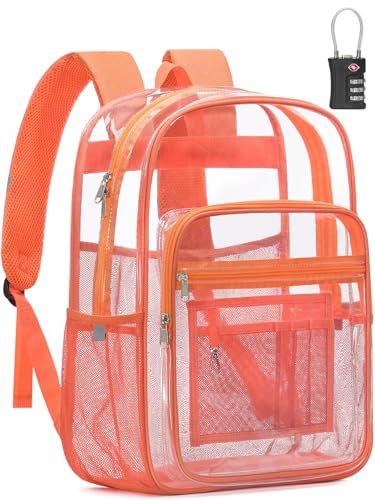 Clear Backpack Heavy Duty With A TSA Lock, 18 Inch Large Clear Back pack, Transparent See Through Bookbag for College, Work, Travel, Sport- Orange - color: Orange