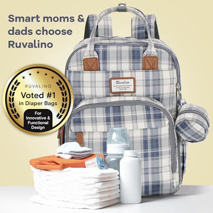 RUVALINO Diaper Bag Backpack, Multifunction Travel Pack Maternity Baby Changing Bags, Large Capacity, Waterproof, Blue Plaid - color: Blue Plaid