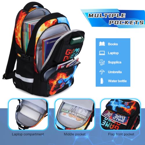 Scothen 3PCS Boys Backpack Set, Cool Backpack for Boys with Lunch Bag & Pencil Case, Kids School Bag Teen Boy Bookbag for Kindergarten Elementary Middle School with USB Charging Port - color: Red & Blue Flame