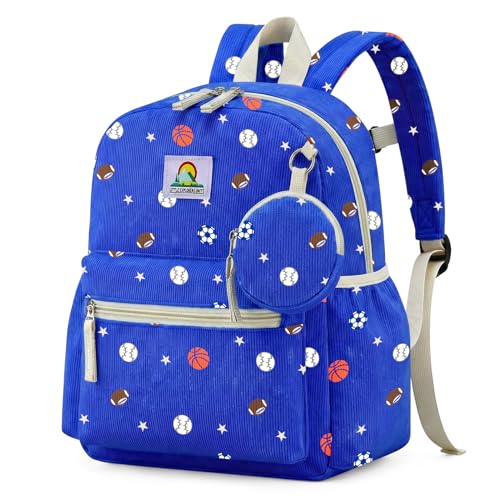 Corduroy Toddler Backpack for Boys 2-5: Sports Balls Kids backpack for Boys - 13.5 inch Preschool Kindergarten Backpacks with Coin Purse - color: Blue-balls