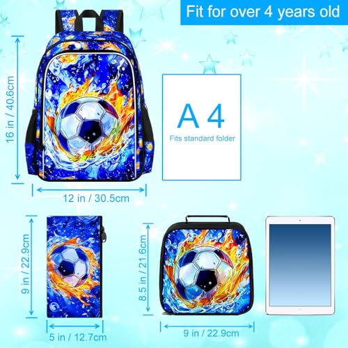 HPJGD 3PCS Soccer Backpack for Boys, Water Resistant Kids Bookbag Set with Lunch Box, Cool School Bag for Elementary Preschool Toddler - Fire & Water Soccer - color: Cool Uv Printed Fire and Water Soccer Blue