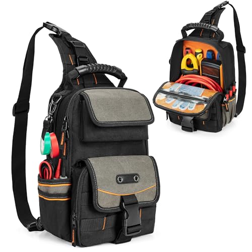 Electrician Tool Pouch Bag, Zippered HVAC Tool Organizer with Ergonomic Handle and Shoulder Strap for Maintenance Repair Technicians, Black (Patent Pending) - color: Black
