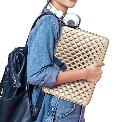 Puffy Laptop Sleeve 11 12 13 13.3 14 15 15.6 inch Case Protective Bag Quilted PU Leather Smooth Zipper Velvet Lined Padded Holder with Pocket - color: Gold Quilted, size: 11-12 Inch