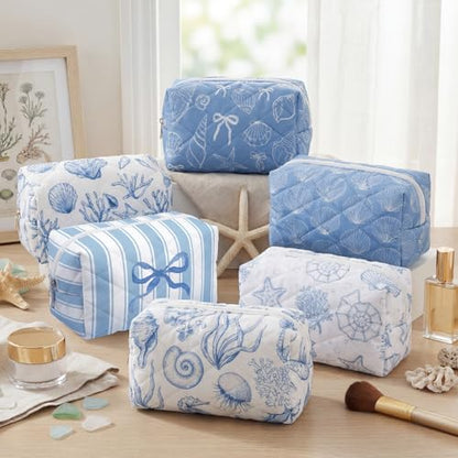 Hillban 6 Pcs Ocean Quilted Cosmetic Bags Coastal Themed Gifts Ocean Aesthetic Essential Makeup Bags Starfish Coral Seashell Beach Kit for Women Travel Vacation Accessories(Seashell) - style: Seashell