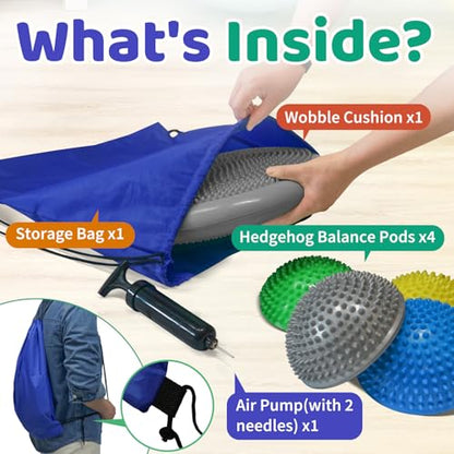 Wobble Cushion Set for Sensory Kids and Balance Training - Disc Plus 4 Pods, Board With Pump, Inflatable Stepping Pads for Adults - color: Grey