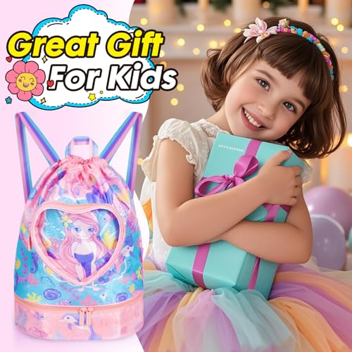 Drawstring Backpack for Kids Girls, Cute Cartoon Mermaid Waterproof Drawstring Bag String Swim Gym Sports Beach Bag with Shoes Compartment and Wet Proof Pocket - color: J07. Mermaid