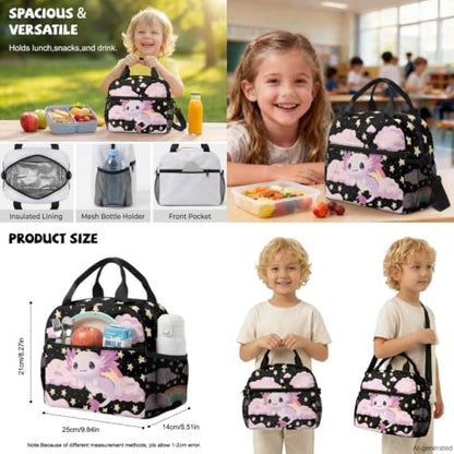 ZDCUSTOM Pink Axolotl Backpack for Kids for School 6-8 Girls Cute Elementary Student Book Bag with Lunch Box, Pencil Case, Water Bottle Cover, Keychain, Girls Preschool Back Pack 5PCS - color: Rainbow Axolotl