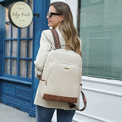 CLUCI Leather Backpack for Women 15.6 inch Laptop Backpack Purse Computer Backpack for Travel Airplane Casual Daypack Beige with Brown - color: Beige With Brown