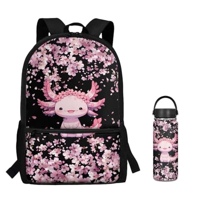 ZOUTAIRONG Casual Backpack and Small Water Bottle Cherry Blossom Axolotl School Bags for Girls 7-10/10-12/12-16, Large Capacity Lightweight Bookbag with Side Pockets - color: Cherry Blossom Axolotl