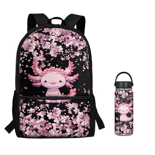 ZOUTAIRONG Casual Backpack and Small Water Bottle Cherry Blossom Axolotl School Bags for Girls 7-10/10-12/12-16, Large Capacity Lightweight Bookbag with Side Pockets - color: Cherry Blossom Axolotl