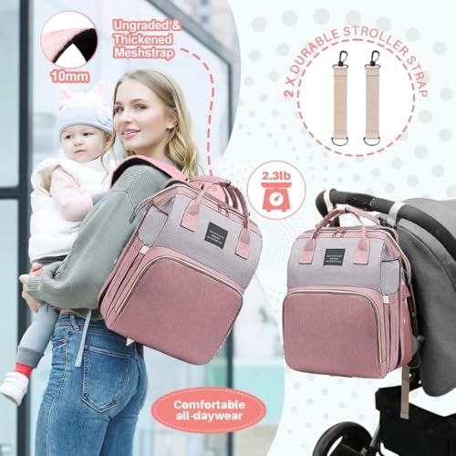 UR Choice Baby Diaper Bag With Changing Station, Travel Waterproof Diaper Bagpack For Mom Dad With USB Charging Port, Large Capacity & Multifunctional With Insulated Pacifier Case - Pink