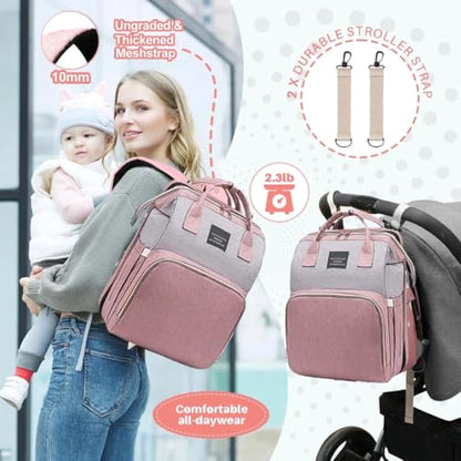 UR Choice Baby Diaper Bag With Changing Station, Travel Waterproof Diaper Bagpack For Mom Dad With USB Charging Port, Large Capacity & Multifunctional With Insulated Pacifier Case - Pink