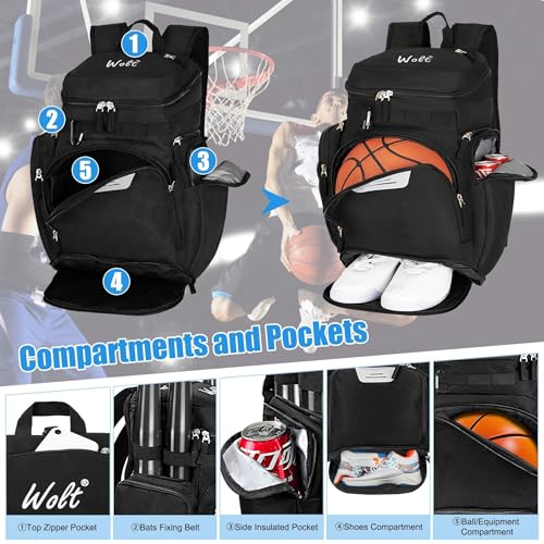 WOLT Basketball Backpack, Basketball Bag for Men with Shoes Compartment, Sports Backpack for Baseball, Soccer, Football - color: Black