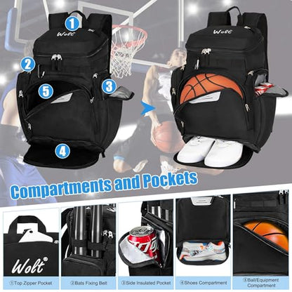 WOLT Basketball Backpack, Basketball Bag for Men with Shoes Compartment, Sports Backpack for Baseball, Soccer, Football - color: Black