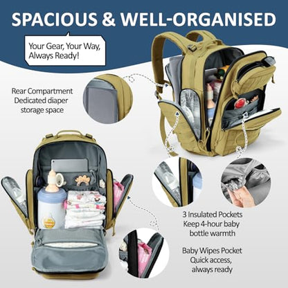 MIRACOL Baby Diaper Bag with Changing Pad - Large Military Daddy Gear Backpack for Hiking Travel Camping -Army Style for Men Active Dad Tan - color: Tan W/ Changing Mat