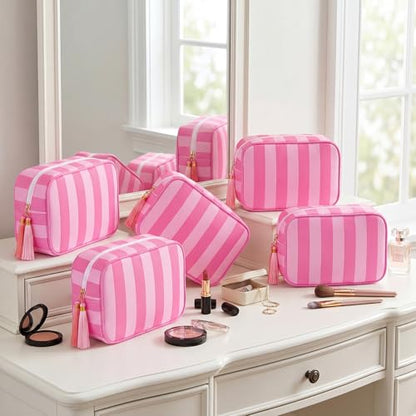 Kacctyen 6 Pack Bright Pink and Candy Pink Striped Makeup Bag bulk with Tassel Travel Cosmetic Pouch Organizer Large Zipper Toiletry Case for Women Aesthetic Storage Pouch Mahjong Tile Bag - color: Bright Pink and Candy Pink