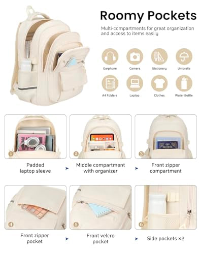 Cute Teen Girls Backpack, Big Student School Backpack Laptop Bookbag for College Women Aesthetic Middle High School Bag, Mochilas Escolares, Beige - color: Beige, size: 15.6in