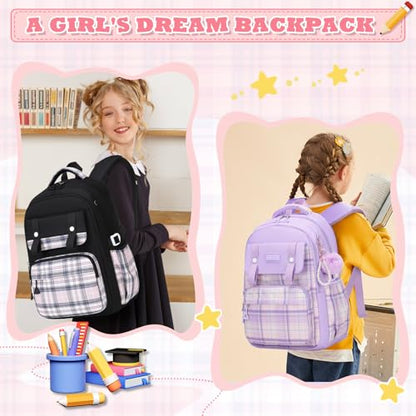 MUSEVOS Girls Backpack, Elementary Middle School Backpack, Large Capacity Kids Bookbag - color: Black/Pink