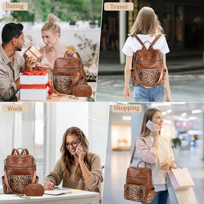 AGLOD Leather Backpack Purse for Women Designer Ladies Shoulder Bag Fashion Faux Work Travel Handbags - color: Leopard