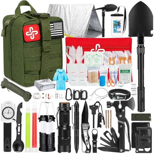 Survival Kit, 250Pcs Survival Gear First Aid Kit with Molle System Compatible Bag and Emergency Tent, Emergency Kit for Earthquake, Outdoor Adventure, Hiking, Hunting, Gifts for Men Women - color: D-Green